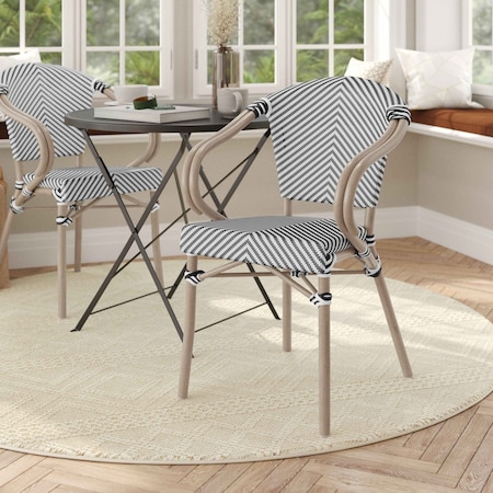 Flash Furniture Marseille French Bistro Stacking Chair w/Arms, Black/White Textilene and Bamboo Print Alum Frame SDA-ADS642108-BLKWH-LTNAT-GG
